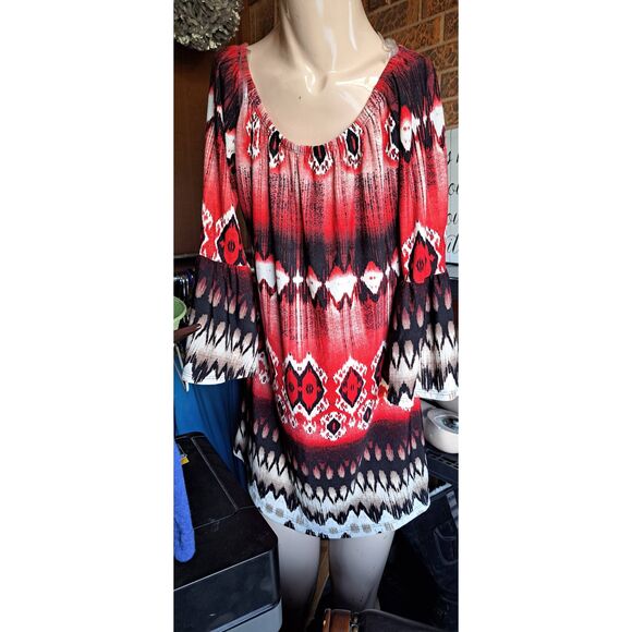 New Womens Small Red & Black Top with Bell 3/4 Sleeves - Picture 1 of 4